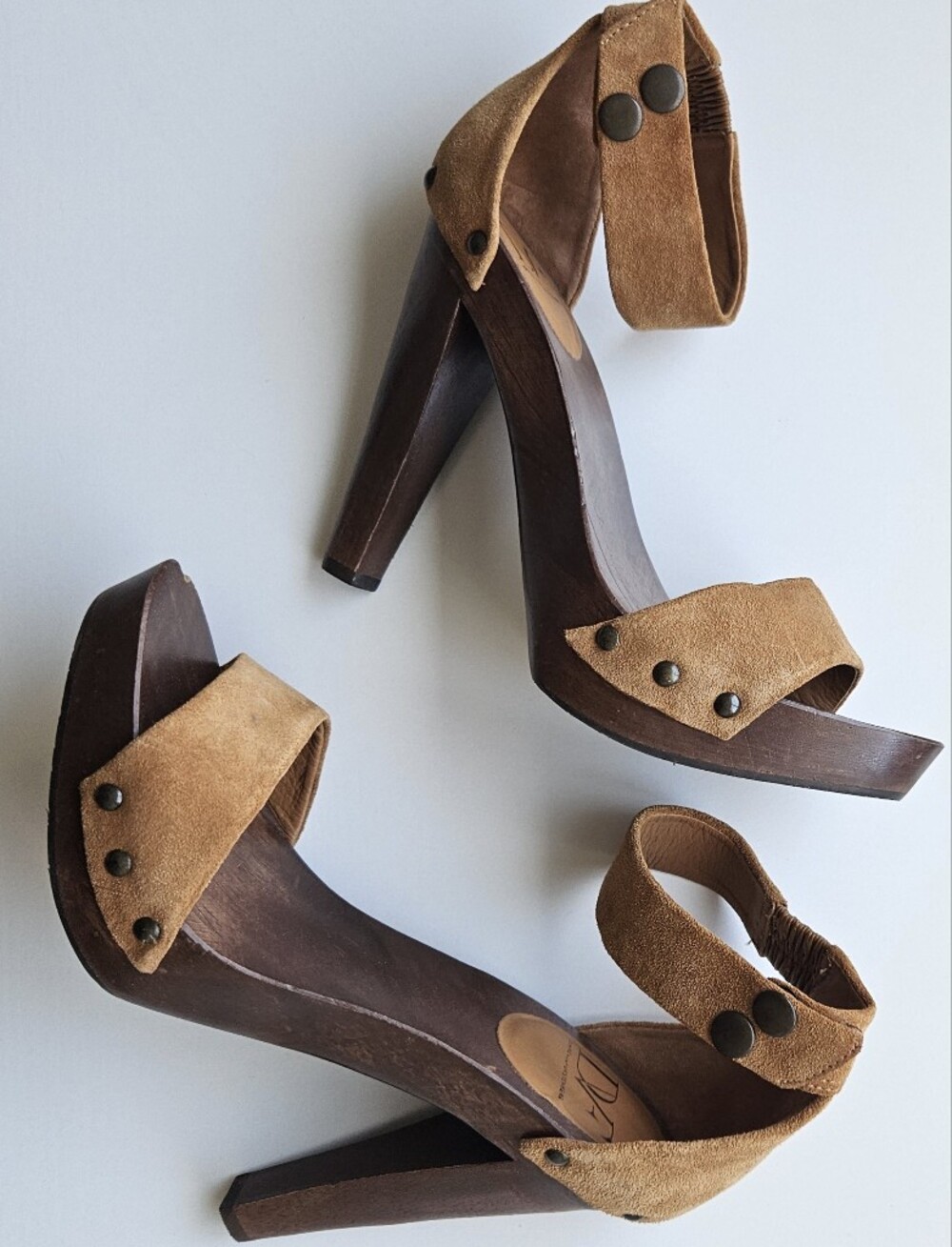 DVF Suede Caramel Wooden High Heel Ankle Strap Sandals - Picture 4 of 14